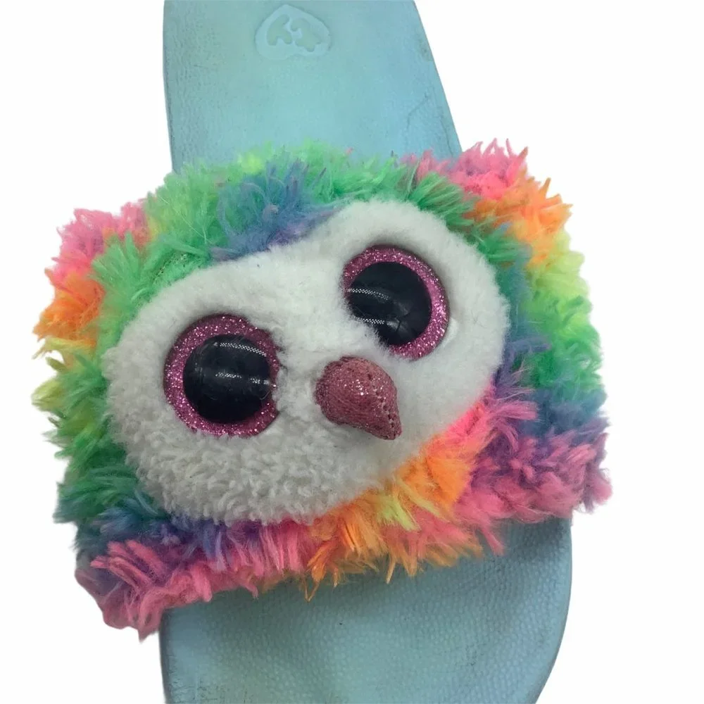 Ty Big Kid Unisex Owen the Fuzzy Rainbow Owl Slide On Flip Flop Sandals Size 4-6